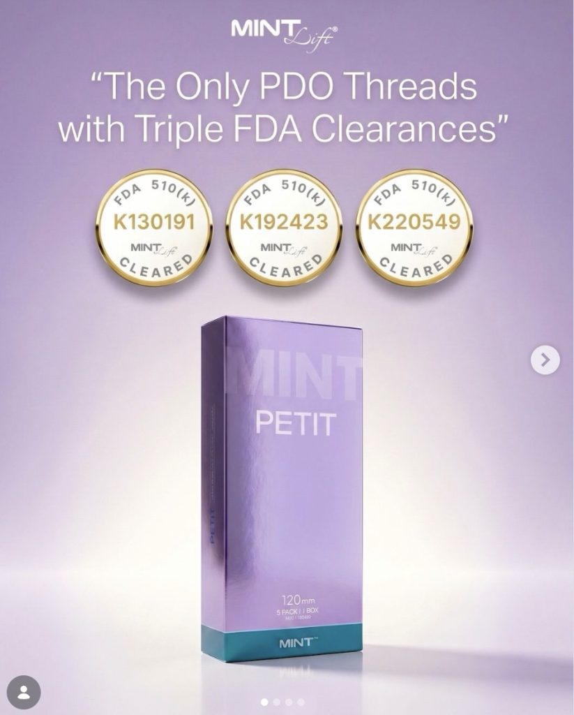 MINT PDO Thread packaging displayed with three FDA 510(k) clearance seals, illustrating that MINT is the only PDO thread system with triple FDA clearances for facial suspension and soft tissue support.