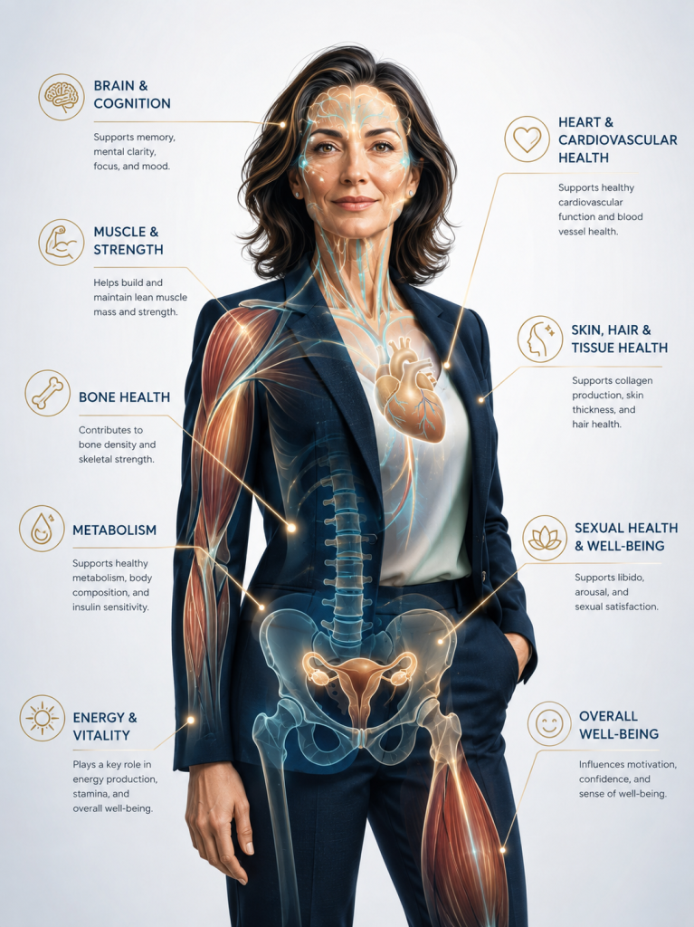 Illustration showing the organs and body systems influenced by testosterone in women.