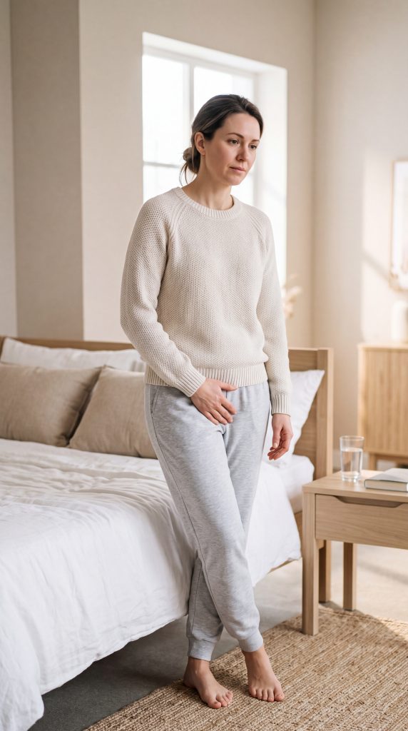 Woman standing in her bedroom with one hand over her lower pelvis, illustrating stress urinary incontinence and bladder leakage experienced by many women after childbirth or during menopause.