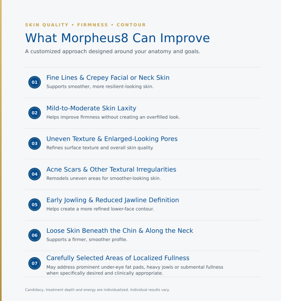 Text graphic describing Morpheus8 benefits for fine lines, skin laxity, uneven texture, acne scars, jowling, loose neck skin and carefully selected localized fullness.